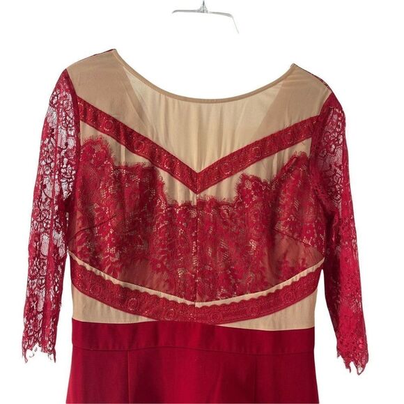 Red Lace Illusion Dress Womens Size Large 3/4 Sleeve Shift Holiday Cocktail Wear - Picture 2 of 7